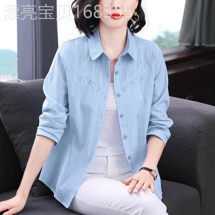 纯棉长袖衬衫女春秋薄2026新款中年妈妈宽松时尚洋气防晒小衫上衣