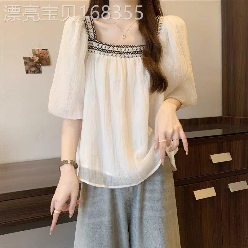 法式雪纺衬衫女短袖夏季薄款2026新款宽松大码遮肚显瘦娃娃衫上衣
