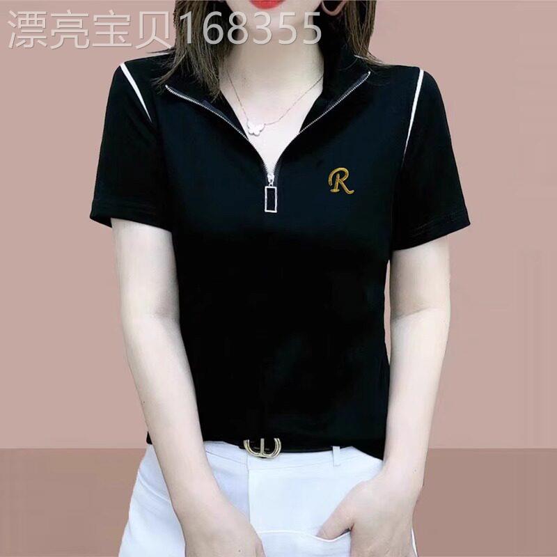欧洲站字母刺绣立领短袖t恤女2026夏季薄款拉链拼接正肩显瘦体恤