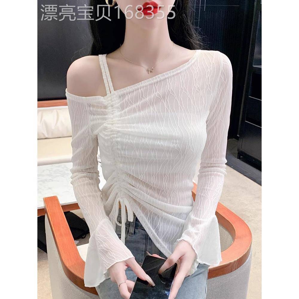雪纺衫女夏季薄款2025新款长袖t恤修身显瘦不规则打底衫露肩上衣