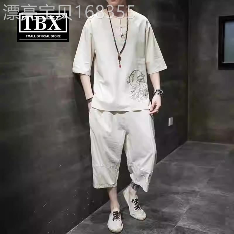 高端亚麻短袖套装男士2026新款棉麻唐装夏季中国风汉服两件套男款