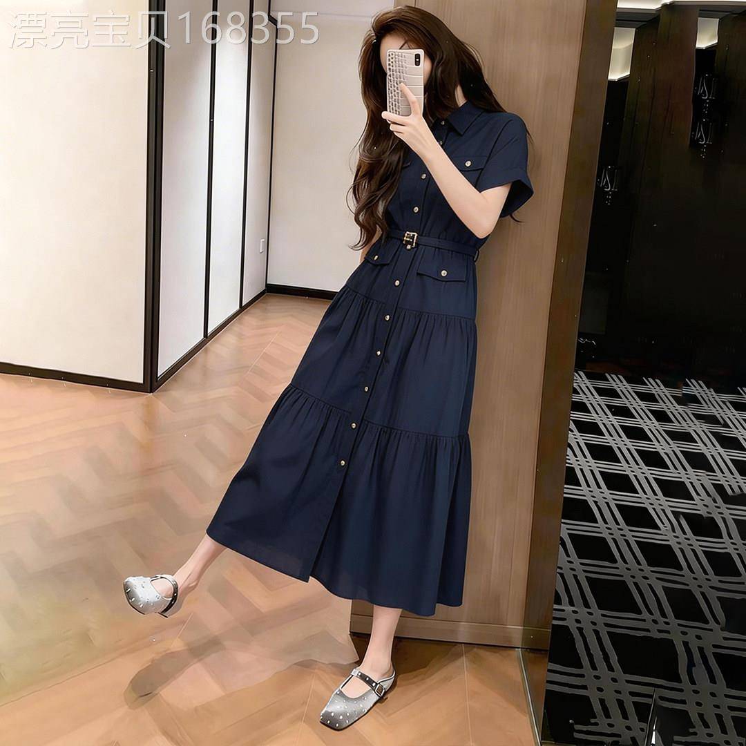 法式蓝色短袖收腰衬衫洋装女夏2026新款高级感独特超好看长裙子