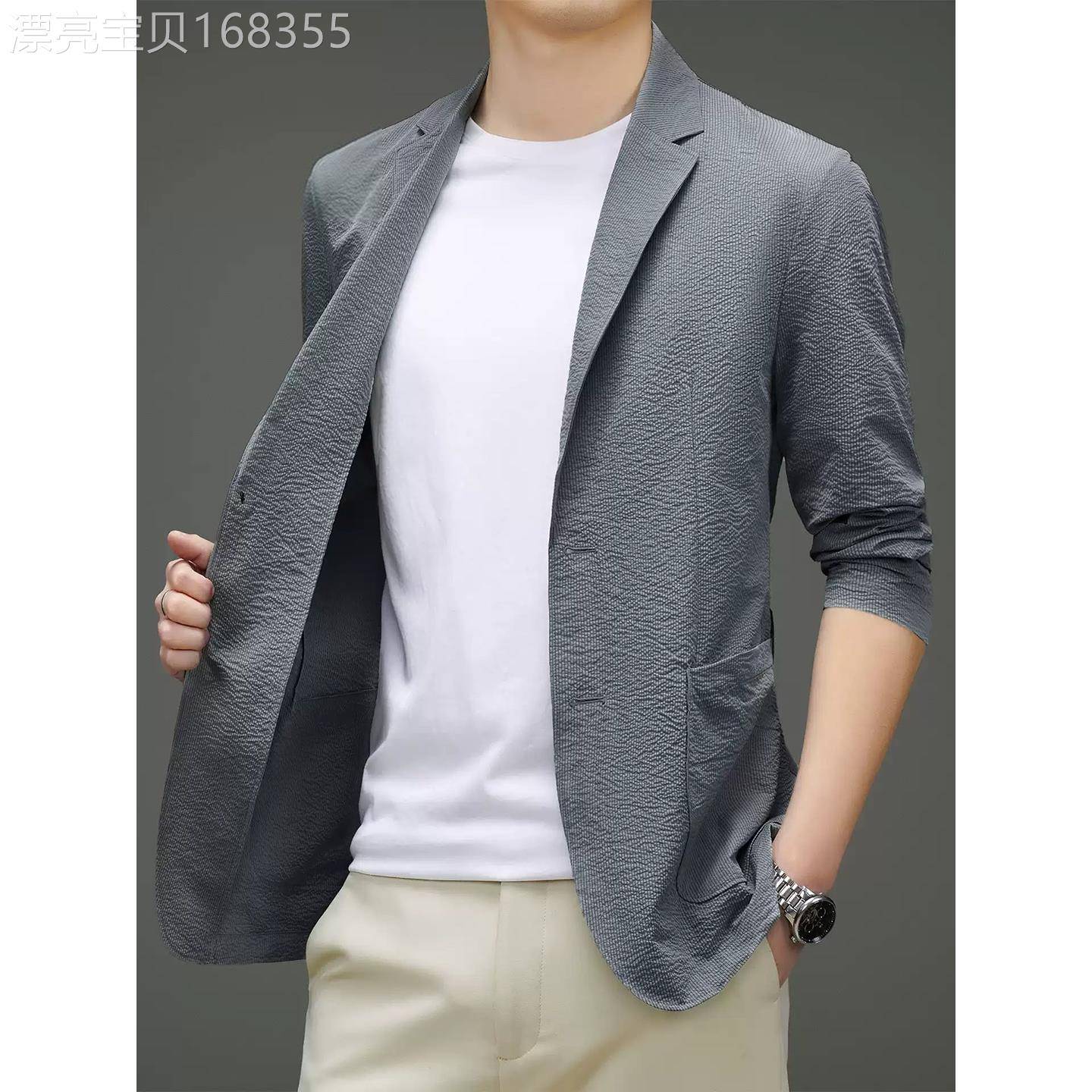 香港男士冰丝西装外套夏季薄款商务休闲防晒西服修身免熨烫西服高