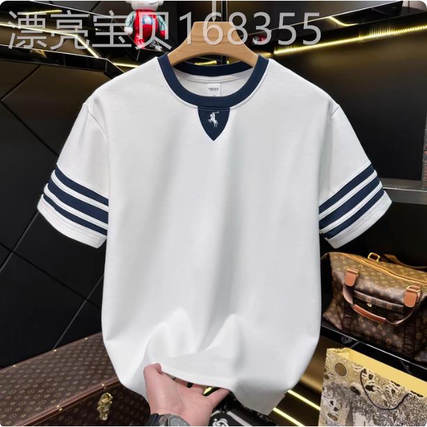 时尚条纹撞色拼接短袖T恤男潮牌刺绣宽松圆领半截袖莫代尔打底衫
