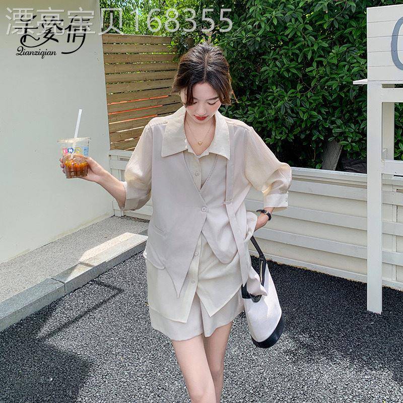 时尚防晒套装女夏季薄款2026气质假两件衬衫短裤松弛感穿搭两件套