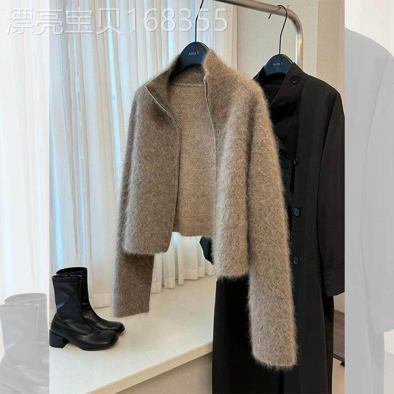 咖色仿水貂毛衣外套女秋冬2026新款爆款短款立领拉链针织开衫上衣
