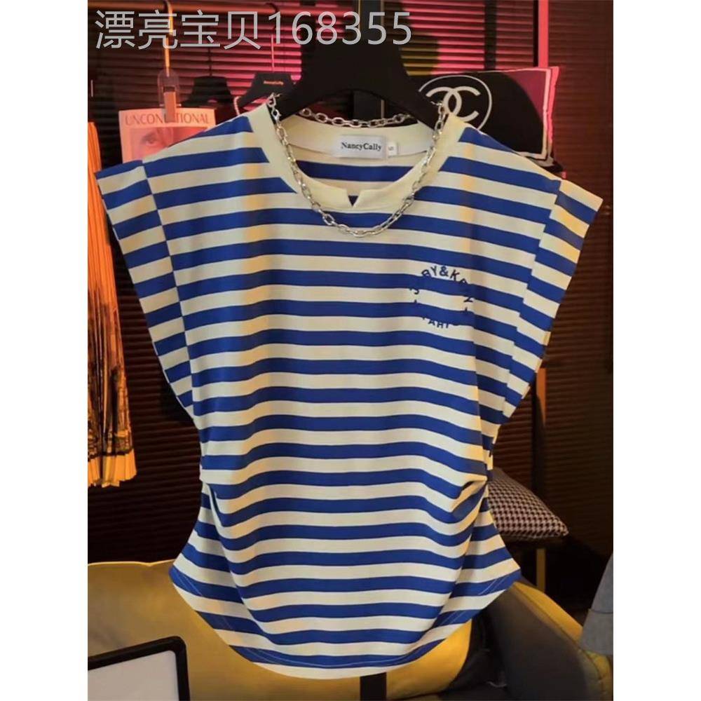 条纹短袖T恤女夏季欧货设计感无袖体恤衫休闲圆领印花飞飞袖上衣