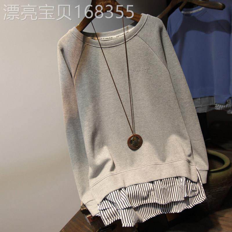 潮牌纯色条纹拼接假两件圆领卫衣女春秋新款宽松套头显瘦百搭上衣