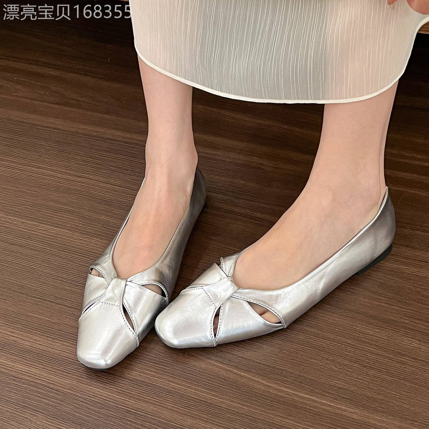 港风真皮法式银色方头浅口镂空单鞋女2025年春夏百搭平跟平底鞋子