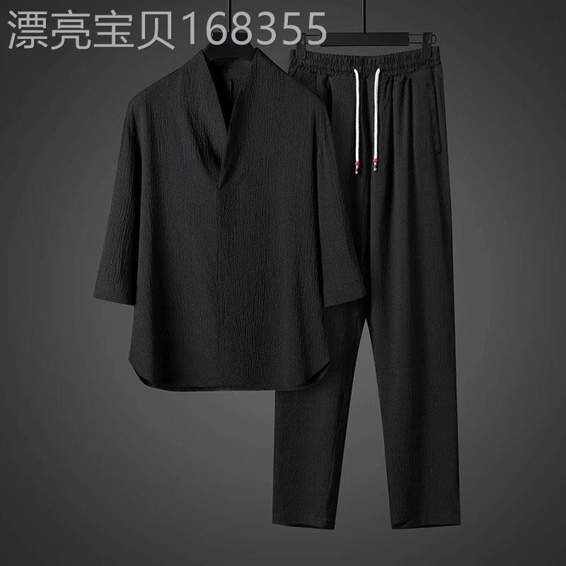 高端新中式冰丝短袖t恤男士夏季套装2025新款V领国风汉服男款夏装