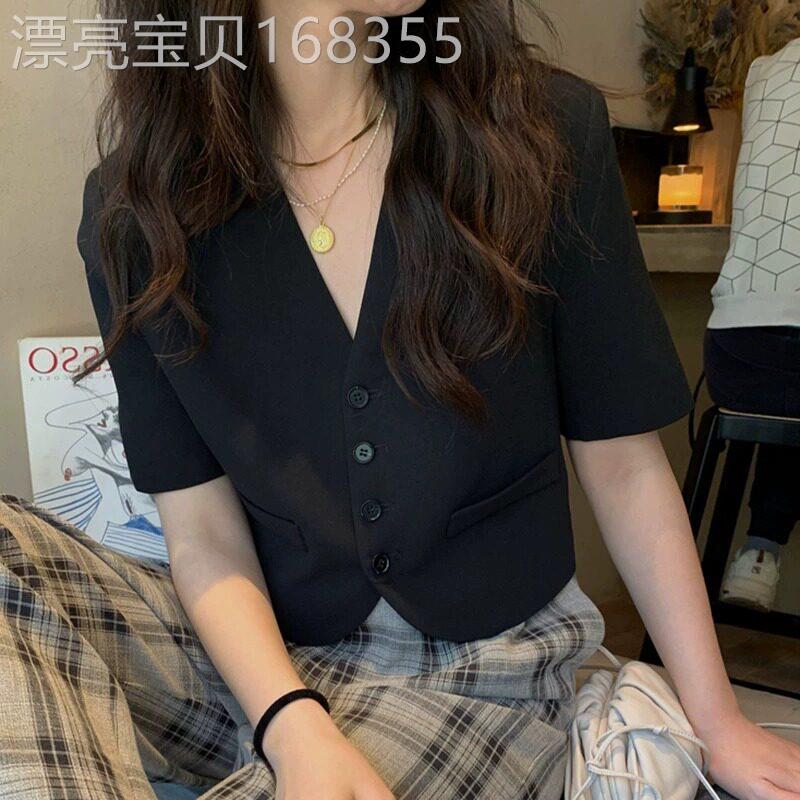 黑色高级感v领短袖西装外套女夏季薄款休闲短款小个子西服上衣ins