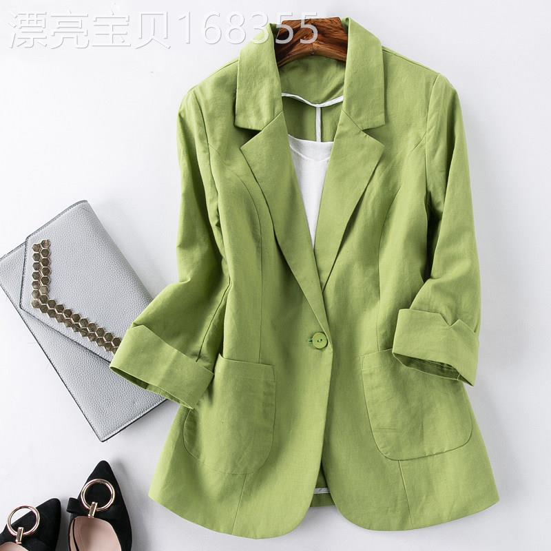 潮牌棉麻小西装外套女夏百搭薄款时尚修身亚麻西服七分袖短款上衣
