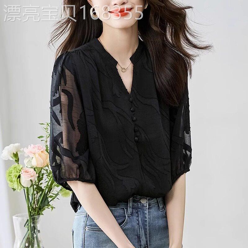 短袖雪纺衫女t恤2026夏季新款韩版时尚洋气蕾丝衬衫宽松遮肚上衣
