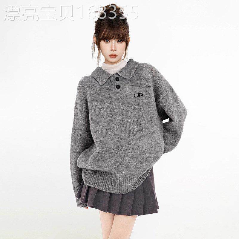针织polo翻领套头卫衣女春秋季2026新款韩式高级感宽松慵懒风外穿