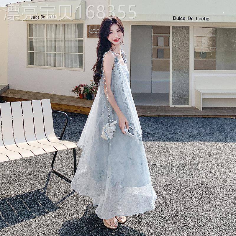 法式超仙立体花朵吊带连衣裙女2026夏季海边度假绝美网纱碎花长裙