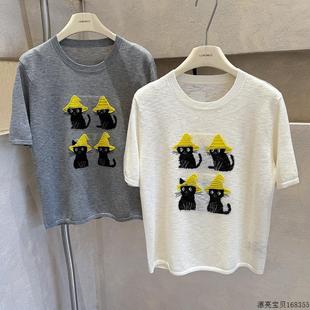 宽松圆领针织衫 韩国亚麻刺绣冰丝猫咪短袖 薄T恤女夏减龄休闲上衣