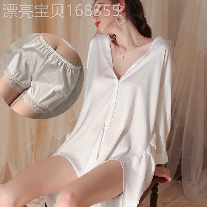 性感冰丝睡衣女2026春夏穿搭薄款男友风白衬衫睡裙短裤家居服套装