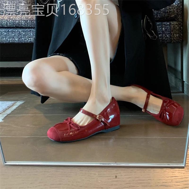 法式内增高红色小单鞋女秋季新款配裙子玛丽珍鞋芭蕾风气质小皮鞋