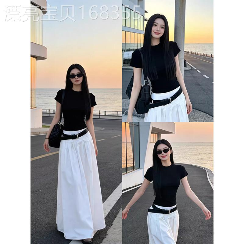 黑色短袖圆领T恤女夏季欧货简约风修身紧身韩系气质百搭显瘦上衣