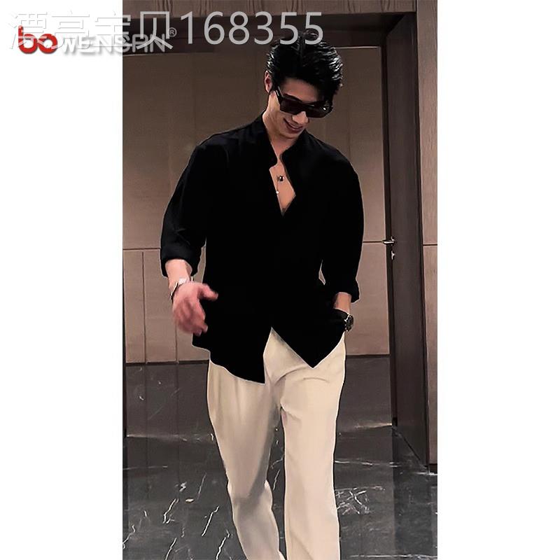 高级感黑色衬衫男士长袖2026新款春夏季那不勒斯短袖衬衫痞帅男款