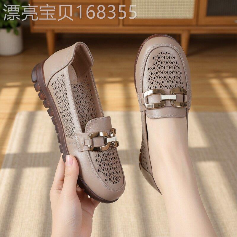 高品质镂空透气妈妈鞋春夏季中老年真皮包鞋牛筋软底大尺码洞洞女