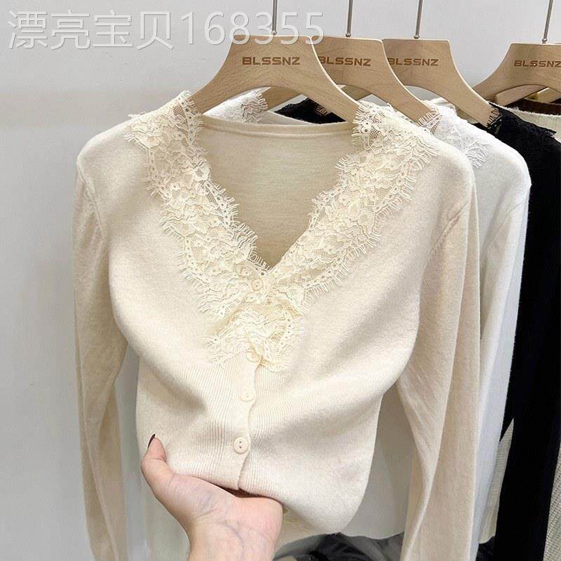 杏色法式小香风蕾丝v领针织开衫女士秋冬季欧货修身显瘦短款毛衣
