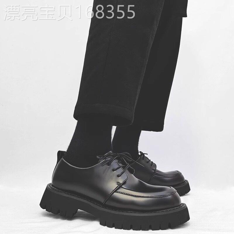 【高品质】帅气小皮鞋黑色真皮厚底潮男鞋韩版正装休闲德比鞋结婚
