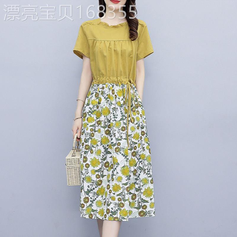 棉麻短袖假两件连衣裙女2026夏季新款收腰显瘦中长裙亚麻拼接裙子