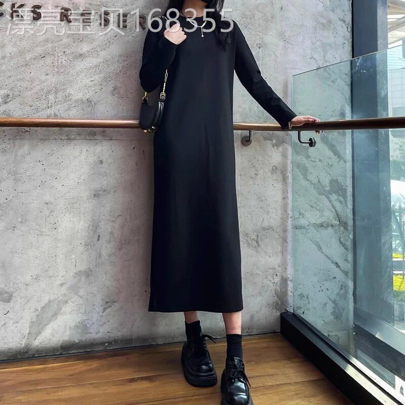 潮牌欧货高端大码宽松长款打底小黑裙女春秋季百搭长袖简约连衣裙