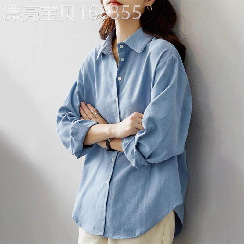 潮牌高级感蓝色长袖衬衫2026春秋大码胖mm超好看叠穿内搭打底上衣