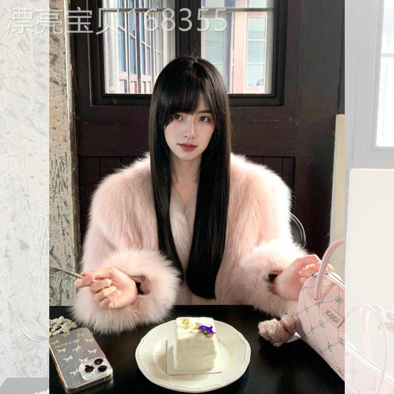 粉色彷狐狸毛环保皮草外套女冬季2025新款短款皮毛一体毛毛绒大衣