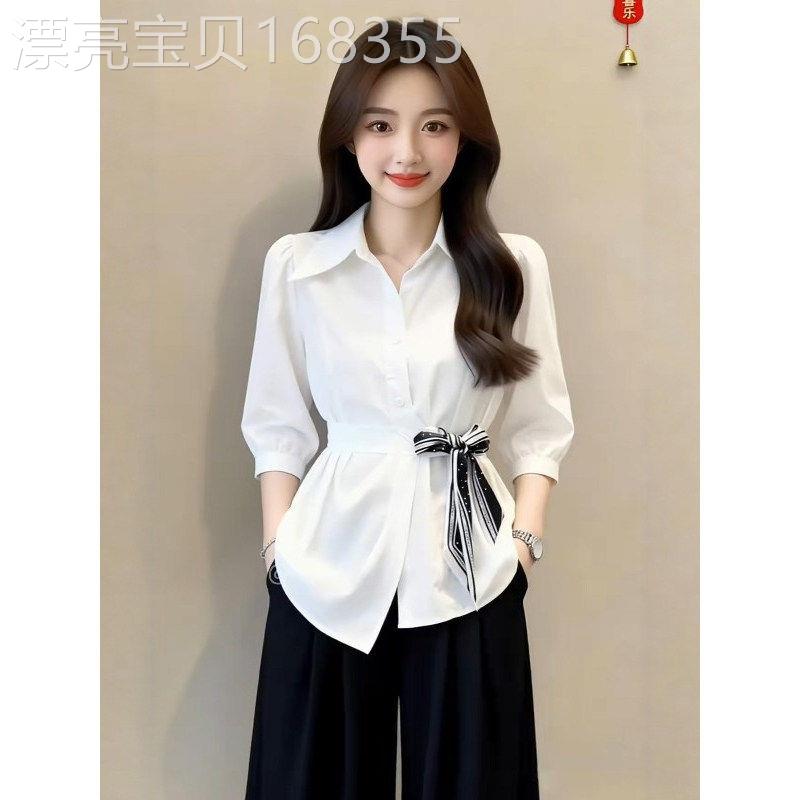 白色系带收腰衬衫女2026春季新款设计感通勤百搭宽松显瘦减龄上衣