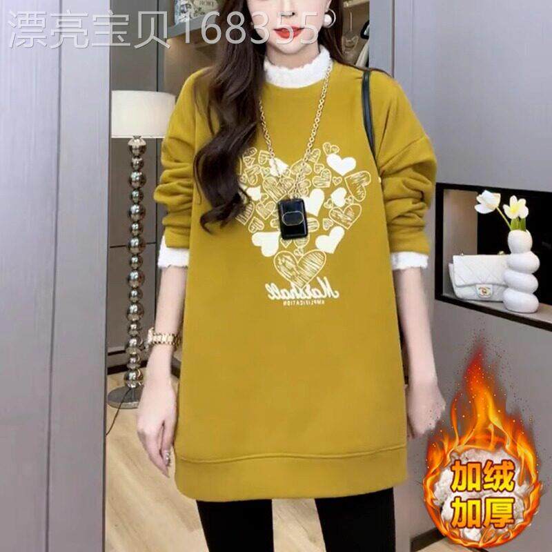 圆领卫衣女秋冬季加绒2025新款宽松慵懒风时尚洋气中长款外套上衣