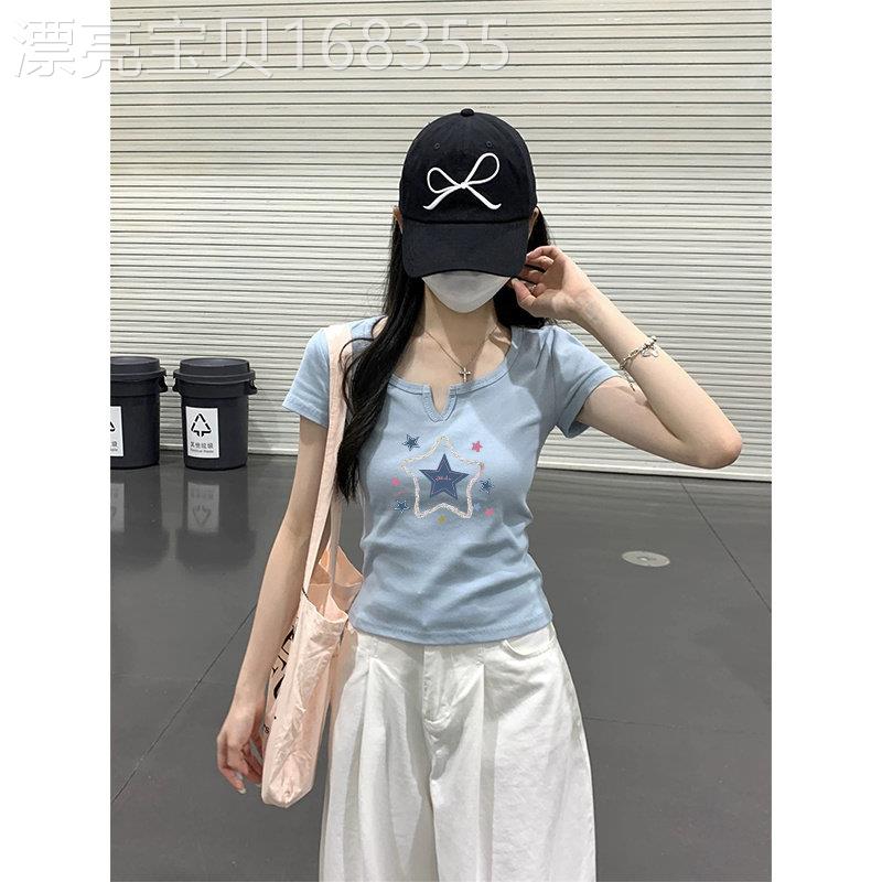 高端正肩短袖T恤女装2026新款夏季设计感修身显瘦蓝色打底上衣服