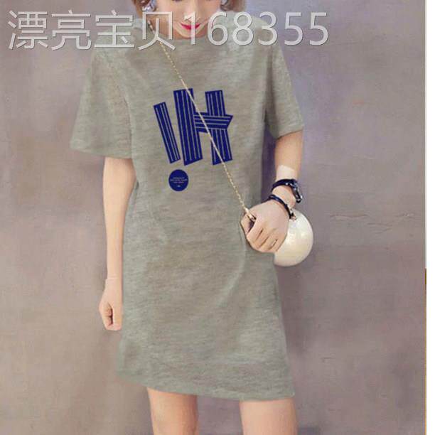 简约花灰色印花圆领短袖洋装女2026夏季新款欧货宽松中长版上衣