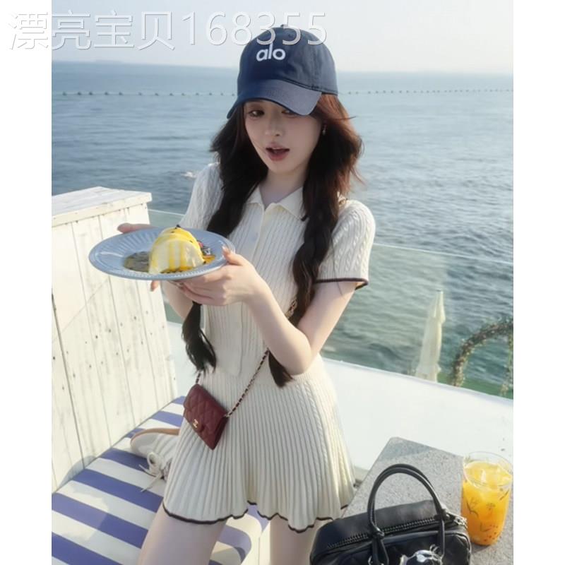 韩国2026夏新款穿搭一整套学院风针织短袖半身裙两件套百褶裙套装
