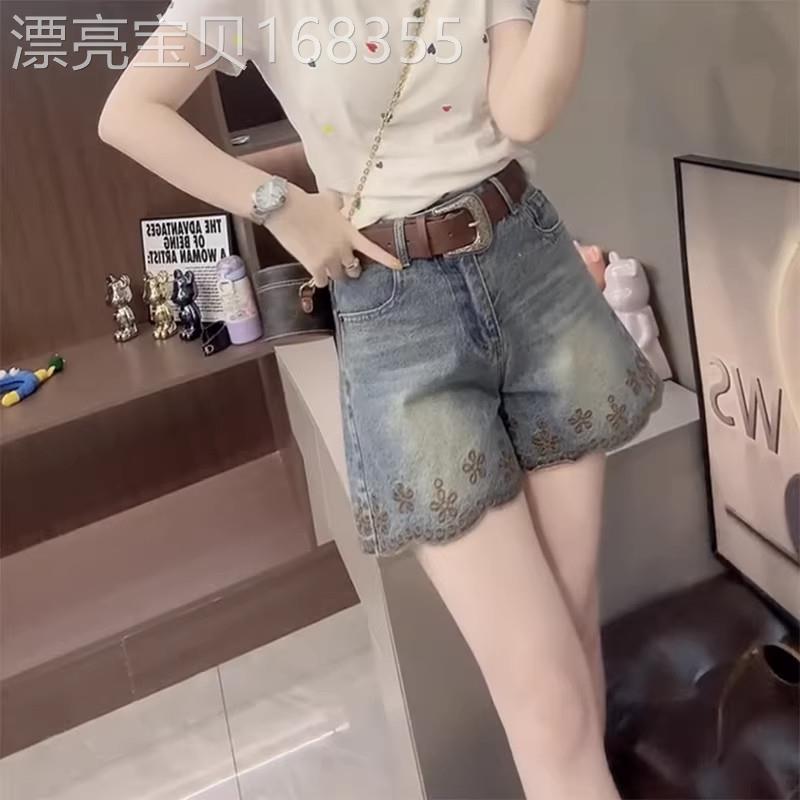 刺绣花朵牛仔短裤2026大码夏季薄款小个子百搭高腰宽松显瘦阔腿裤