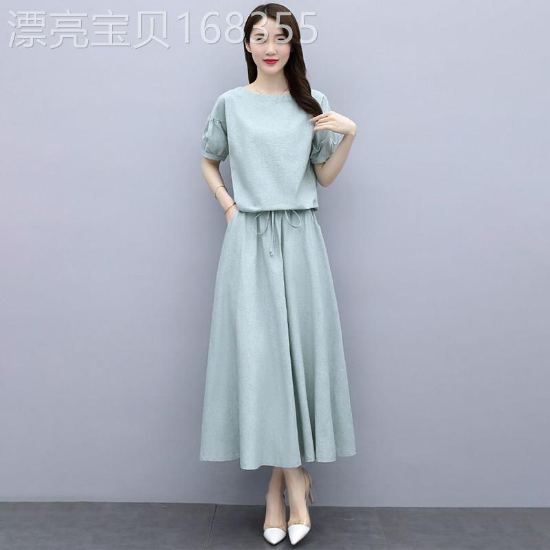 潮牌棉麻套装连衣裙2026夏季新款韩版遮肚子收腰显瘦两件套半身裙