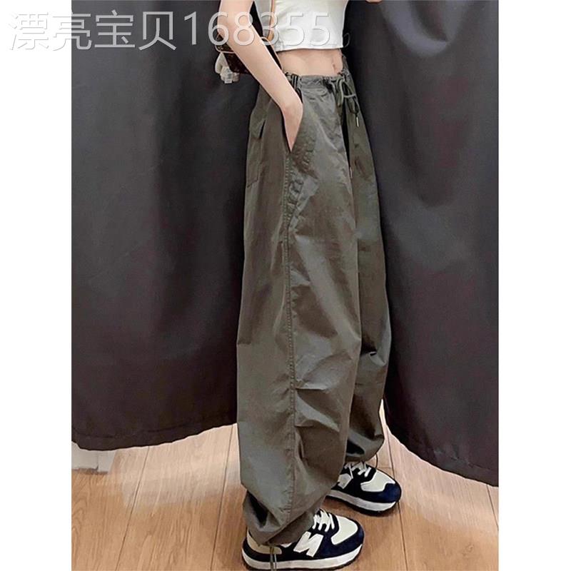 灰绿色速干工装裤女夏季2026新款宽松拖地裤抽绳高腰美式阔腿裤子