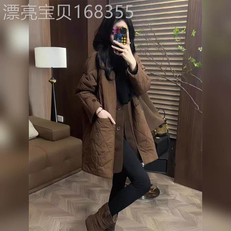 欧洲站咖色菱格加厚棉服外套女2025年秋冬季高级感宽松中长款棉衣