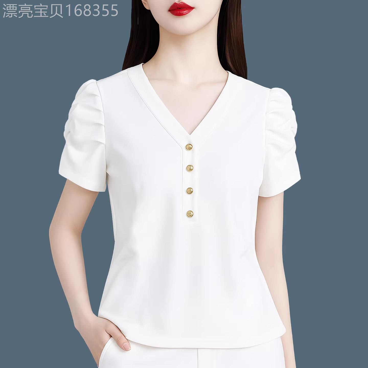V领冰丝泡泡袖小衫上衣女2026年夏季新款收腰显瘦百搭简约棉质T恤