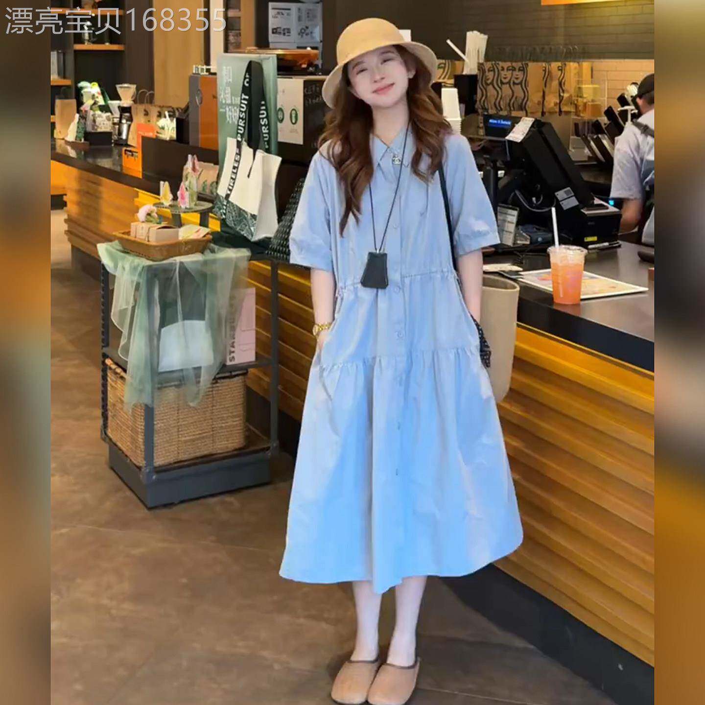 小个子巨好看的小众蓝色连衣裙泡泡袖衬衫裙今年流行的漂亮裙子