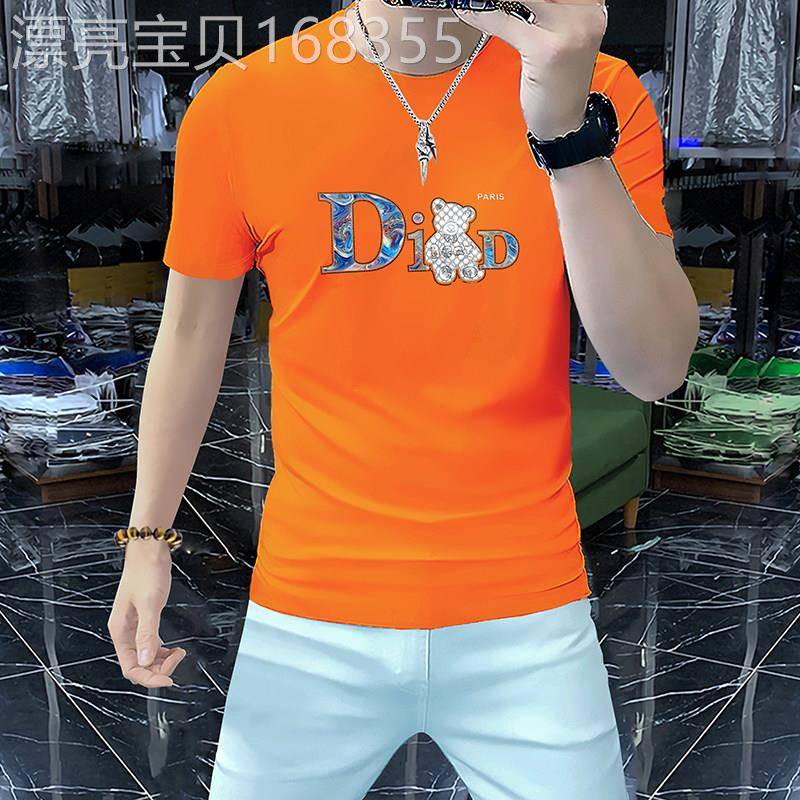 欧货轻奢时尚丝光棉短袖T恤男士夏季新款高端美式印花修身上衣男t