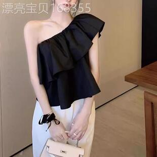 锁骨小心机斜肩性感露肩上衣女夏季新款欧货修身显瘦单肩无袖衬衫