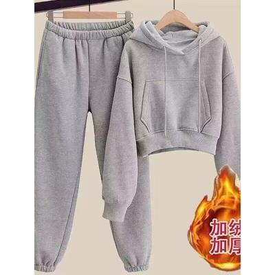 香港加绒加厚卫衣套装女冬季2025新款时尚小个子休闲运动服两件套