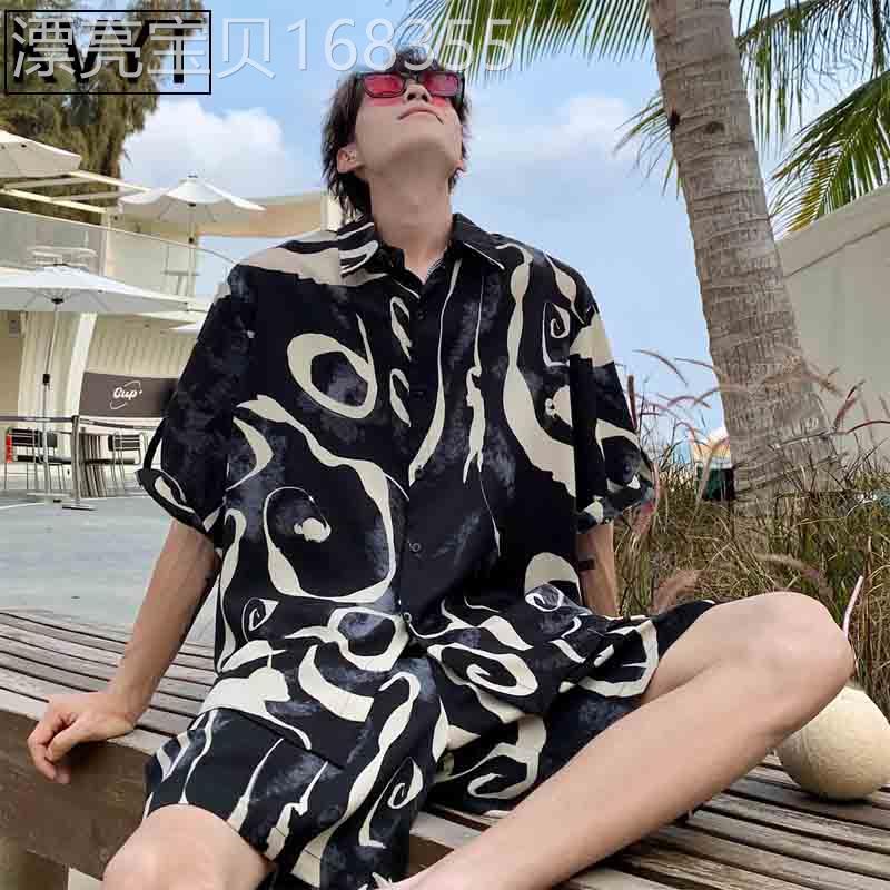 潮牌休闲沙滩套装男夏季两件套薄三亚海边度假穿搭一整套时尚帅气
