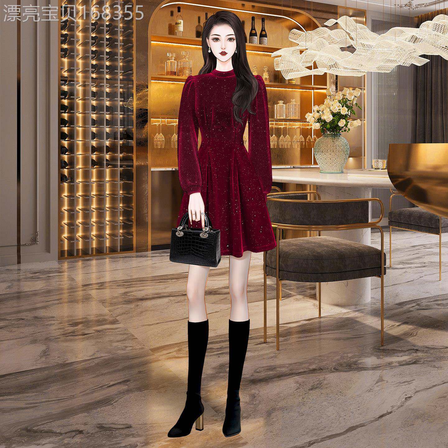 高级感年会过年战袍加厚红色冬季丝绒连衣裙女装订婚气质礼服短裙