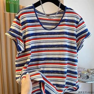 上衣 香港胖MM大尺码 条纹轻薄凉快短袖 T恤女夏装 韩系穿搭显瘦半袖