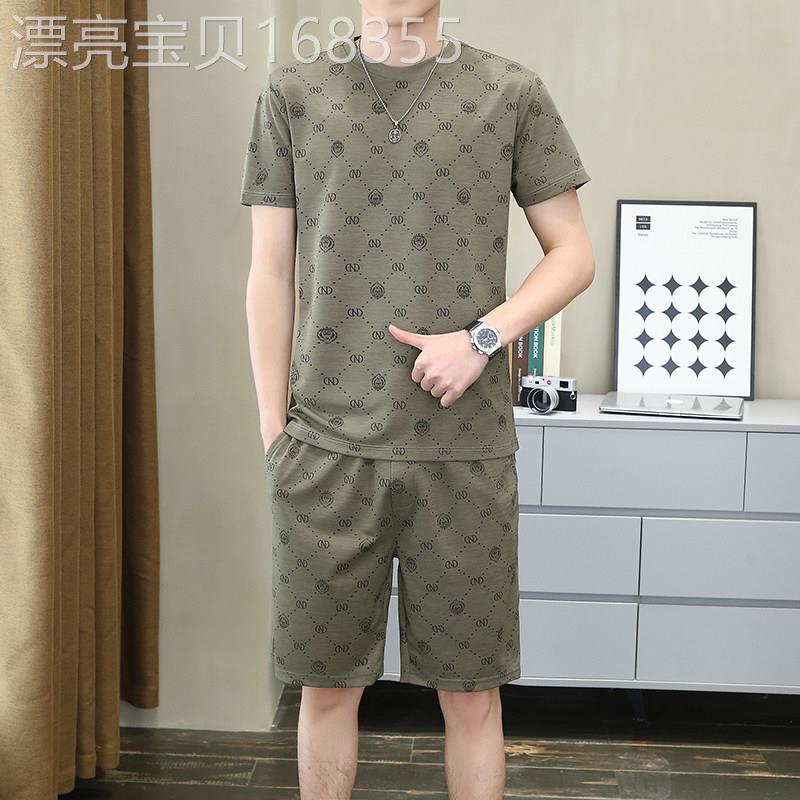 冰丝休闲套装男士夏季2026新款潮牌印花短袖短裤可外穿家居服一套