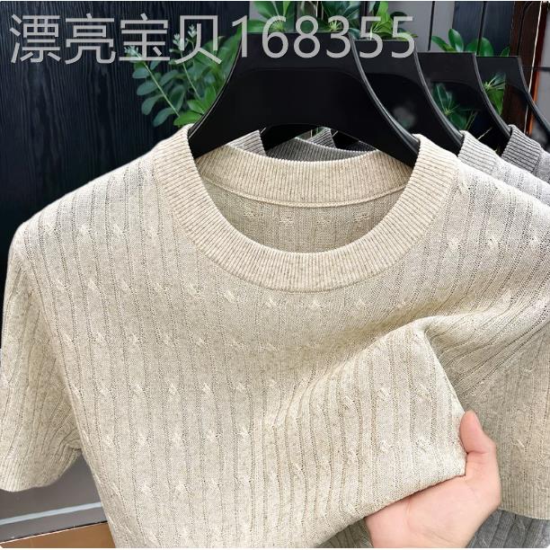 天丝亚麻针织短袖T恤男老钱风百搭休闲圆领半截袖薄款透气打底衫